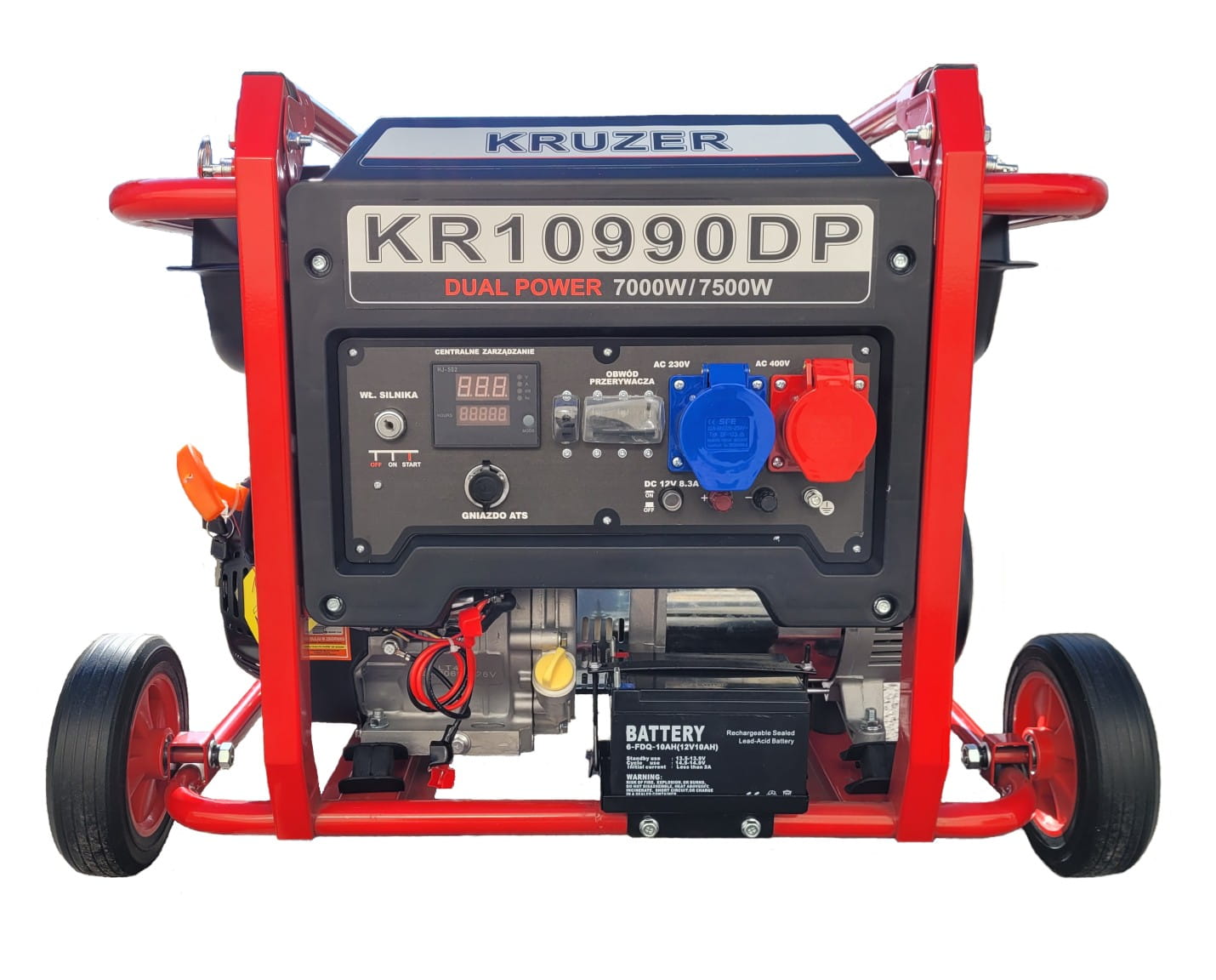 Panel sterowania agregatu Kruzer KR10990DP – gniazda 230 V i 400V,  zabezpieczenia, zapłon z kluczyka